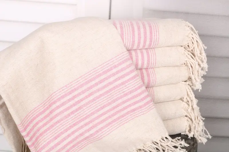 Striped Towel Handmade Gift Fuchsia Linen Towel, 40x79 Inches