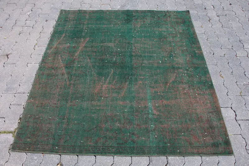 グリーン&ブラウン ラグ 4.7x5.2フィート 幾何学模様 花柄