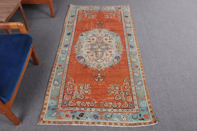 3x6.1 ft Halı, Türk Oushak Halısı, Vintage Turuncu Yün Çiçekli Halı - 1