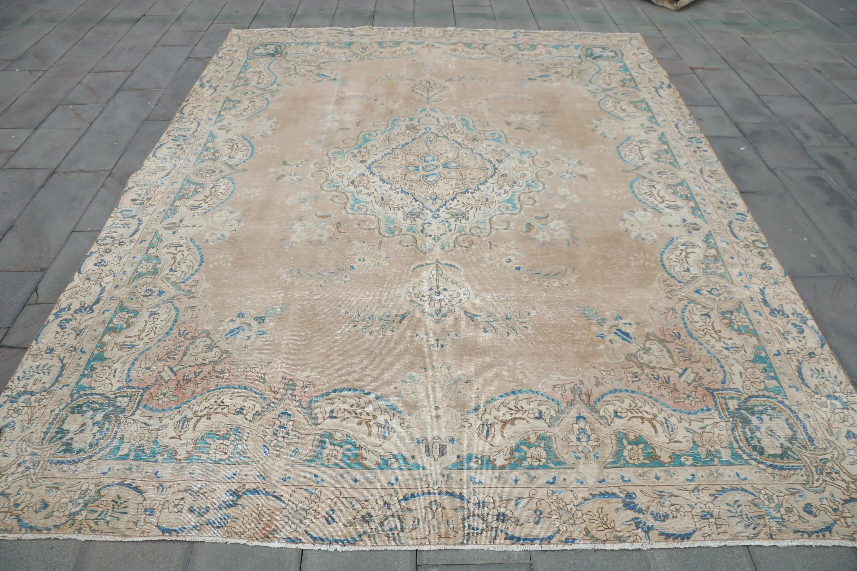 9,4x12,4 ft Vintage Teppich, blauer türkischer Patchwork-Wollteppich - 1