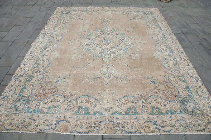 Alfombra Elegante Beige y Bronce, Diseño Patchwork 9,4x12,4ft