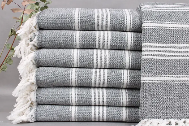 Turkish Beach Towel Organic Cotton Black Striped Peshtemal, 40x71 Inches