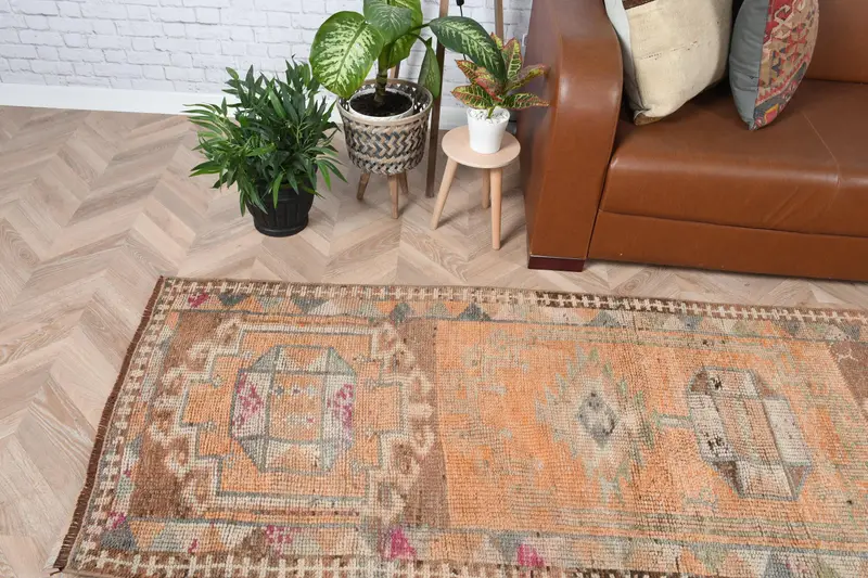 2.7x12.6 ft Turkish Rug, Vintage Runner Rug, Orange Blue Ikat Rug - 1