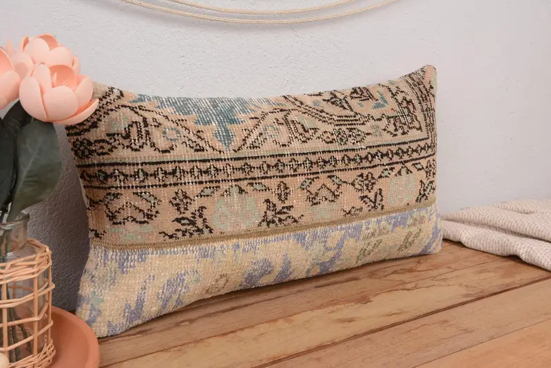 Beige & Braun besticktes Wurfkissen, handgemachtes Vintage Kissen