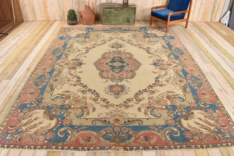 Alfombra Patchwork beige y azul, decoración elegante de 9,6x12,5 pies