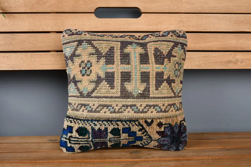 14x14 Blue Cushion, Cozy Throw Pillow, Cushion Case, Shabby Chic Pillow Sham, Ethnical Kilim Rug Pillow, Throw Kilim Pillow, Kilim Pillow Cover - 7