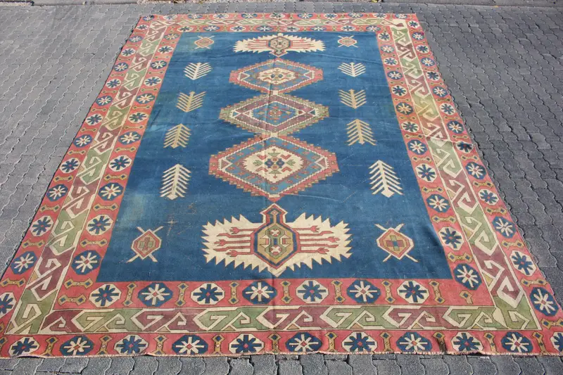 Alfombra turca vintage, alfombra de gran tamaño de 9,6x13 pies, alfombra de lunares rojos azules - 1