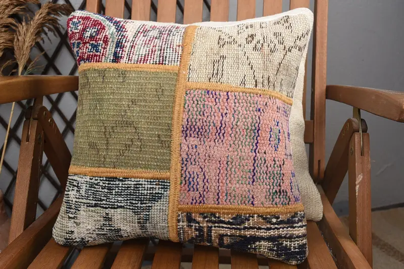 14x14 Green Pillow Case, Sofa Bolster Cushion, Cushion, Kilim Pillow Cover, Bolster Throw Cushion Case, Vintage Kilim Pillow, Throw Kilim Pillow - 3