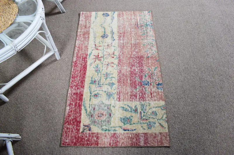 Türkischer 2,1x3,9 ft Teppich, kleiner Vintage Teppich, rot karierter Wollteppich - 1