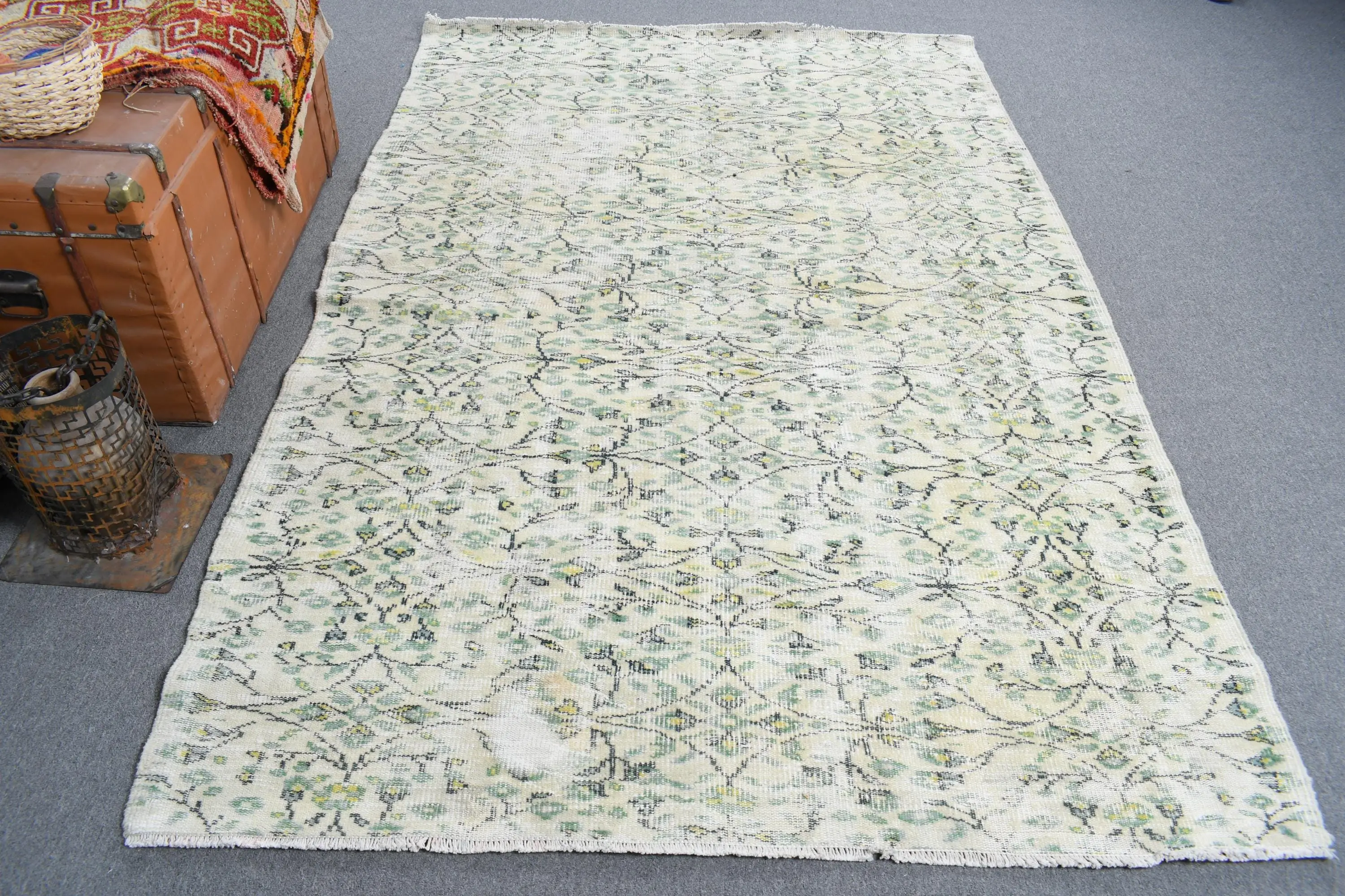 Vintage Halı, Büyük 5.2x8.1 ft Türk Halısı, Yeşil Sarı Güneybatı Yün Halı - 1