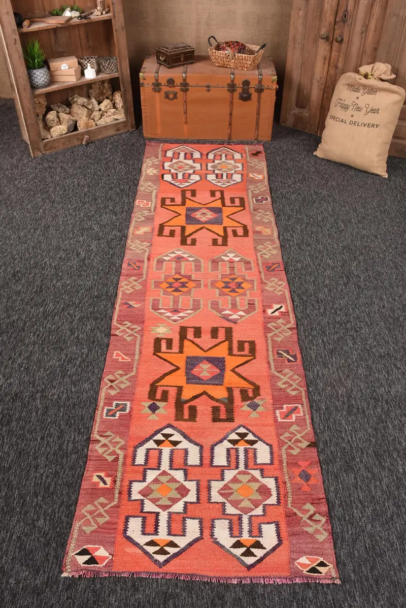 3x10.6 ft Halı, Vintage Türk Halısı, Kırmızı Güneybatı Yün Halı - 1