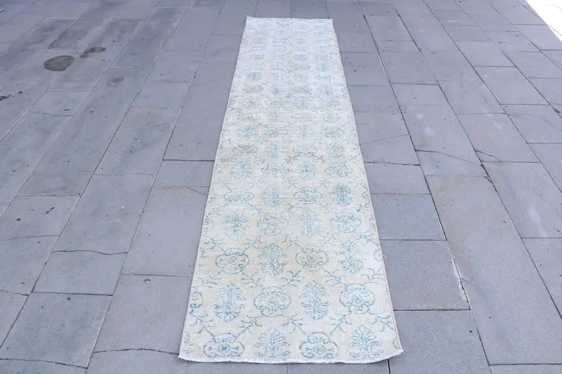 Vintage 2.2x9.6 ft Halı, Oushak Türk Halısı, Mavi İkat Halı Yün - 1