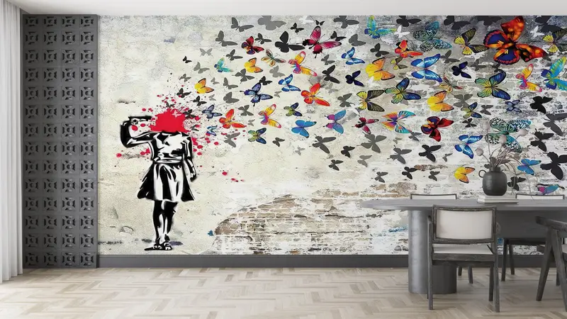 Straßenmauer Malerei, Banksy Head Shot Wallpaper, Malen Wandmalerei, Banksy Wandplakat, Schmetterling Graffiti Wandmalrad, - 5