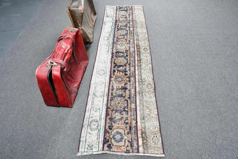 2x7.7 ft Halı, Türk Oushak Halısı, Vintage Mavi Yün Çizgili Halı - 1