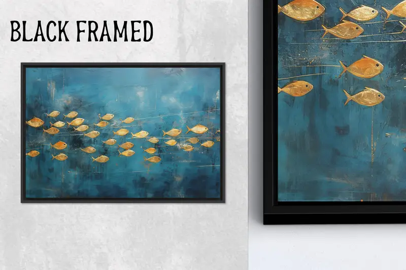 モダンなブルー&ゴールドフィッシュキャンバスプリント - エレガントなウォールアート