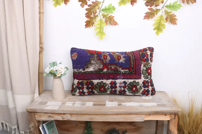 Turkish Pillow, Boho Pillow, Colorful Pillow Sham, Vintage Kilim Throw Pillow, 12x20 Blue Pillow Case, Pillow Case, Bright Pillow Sham - 1