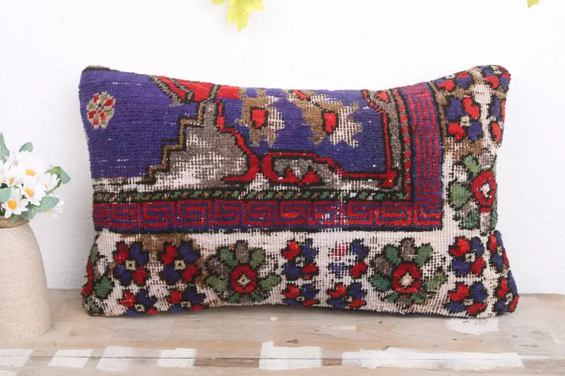 Turkish Pillow, Boho Pillow, Colorful Pillow Sham, Vintage Kilim Throw Pillow, 12x20 Blue Pillow Case, Pillow Case, Bright Pillow Sham - 2