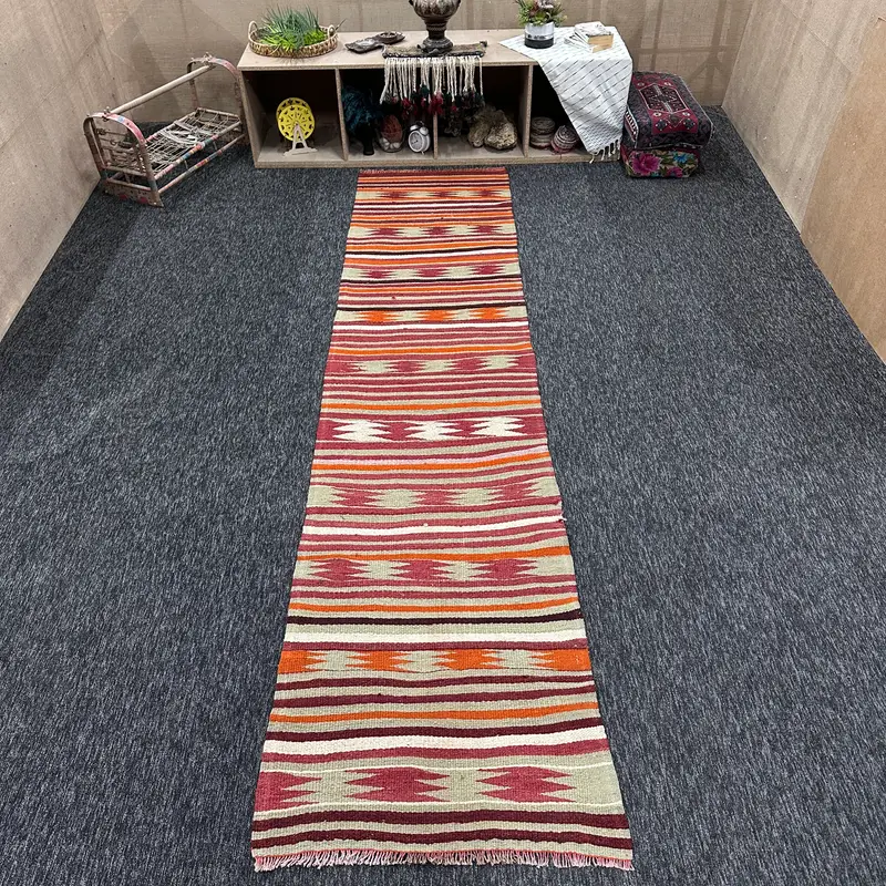 Vintage 2.7x11.4 ft Rug, Small Turkish Rug, Orange Rainbow Striped Wool Rug - 1