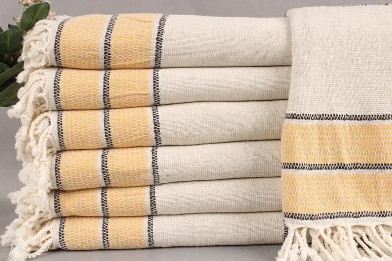 Embroidered Beach Towel Turkish Cotton Mustard Beige, 36x71 Inches