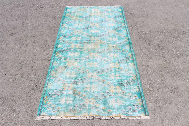 Türk 3.2x6.2 ft Halı, Oushak Vintage Halı, Mavi Kareli Yün Halı - 1