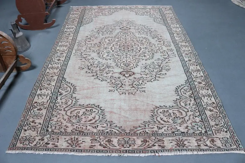 Vintage Türk Oushak Büyük Halı 5.7x9.1 ft, Kahverengi Oryantal Halı Yün - 1