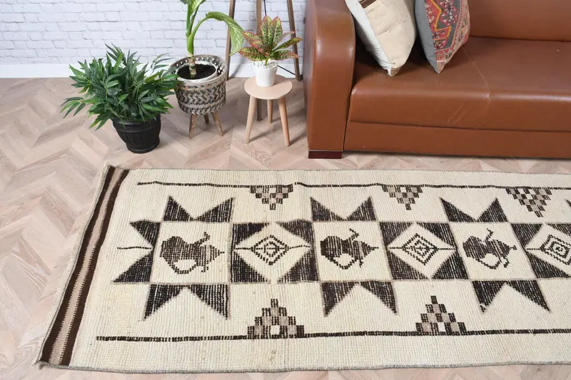 Vintage Halı, Yolluk 3x11.5 ft Türk Halısı, Beyaz Ombré Yün Halı - 1