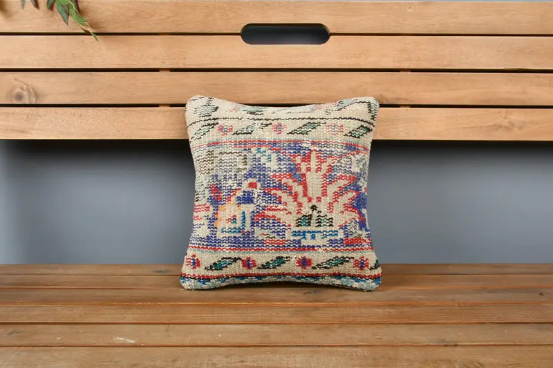 Cushion, Indoor Pillow Sham, Handmade Kilim Cushion, Kilim Pillow Cover, 12x12 Blue Pillow Cover, Vintage Kilim Throw Pillow - 6