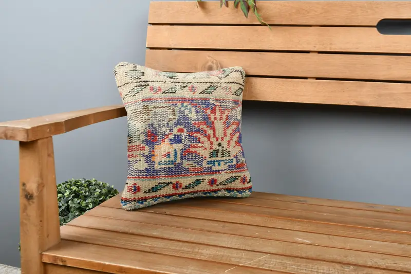 Cushion, Indoor Pillow Sham, Handmade Kilim Cushion, Kilim Pillow Cover, 12x12 Blue Pillow Cover, Vintage Kilim Throw Pillow - 1