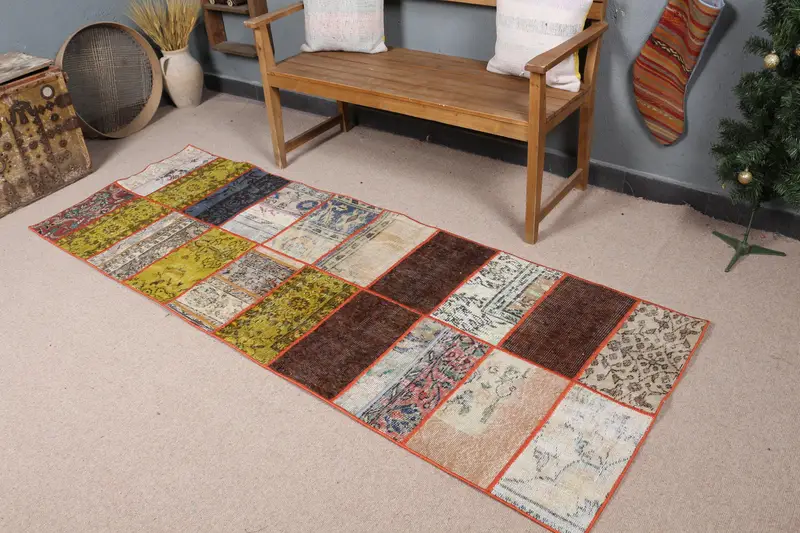 Yeşil Patchwork Halı, 2,8x7,9 ft Zarif Dekor