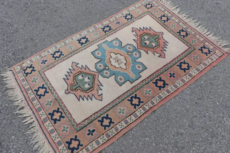 3.1x4.9 ft Halı, Vintage Türk Halısı, Mavi Oushak Yün Halı - 1
