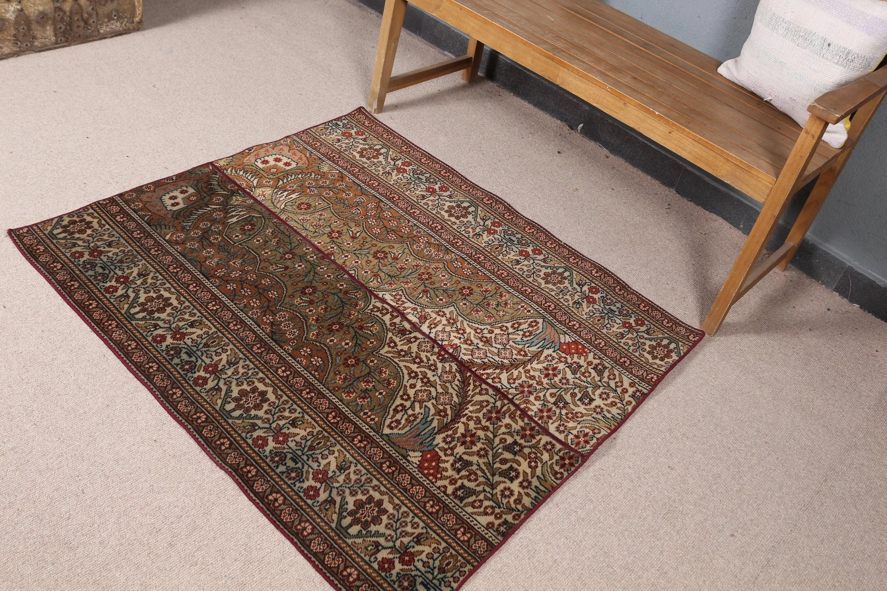 Türk Vintage Halı, 3.6x4 ft Halı, Kahverengi Kırmızı Patchwork Yün Halı - 1