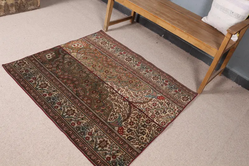 ブラウン、グリーン パッチワーク ラグ、3.6x4 フィート