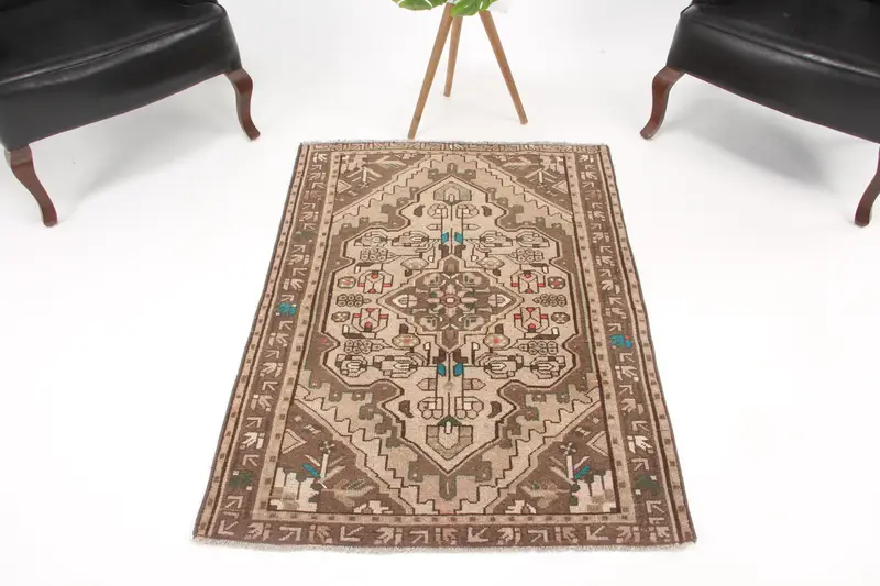 3.2x4.4 ft Oushak Rug, Vintage Turkish Rug, Brown Blue Animal Print Rug - 1