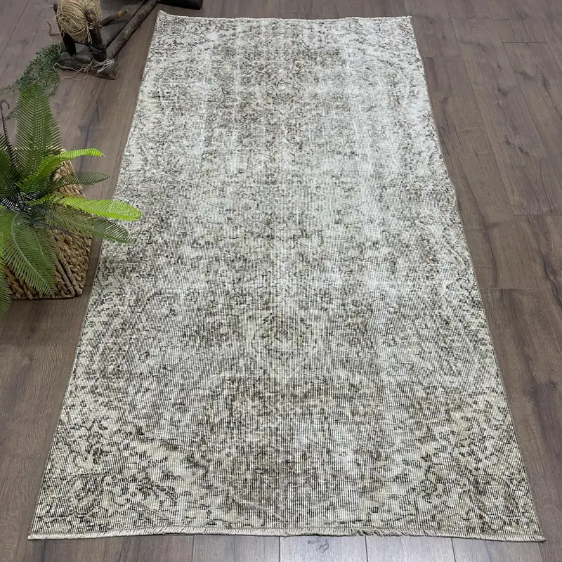 Zarif Bej ve Yeşil Halı, 3,7x7,1 ft Çiçek ve Geometrik