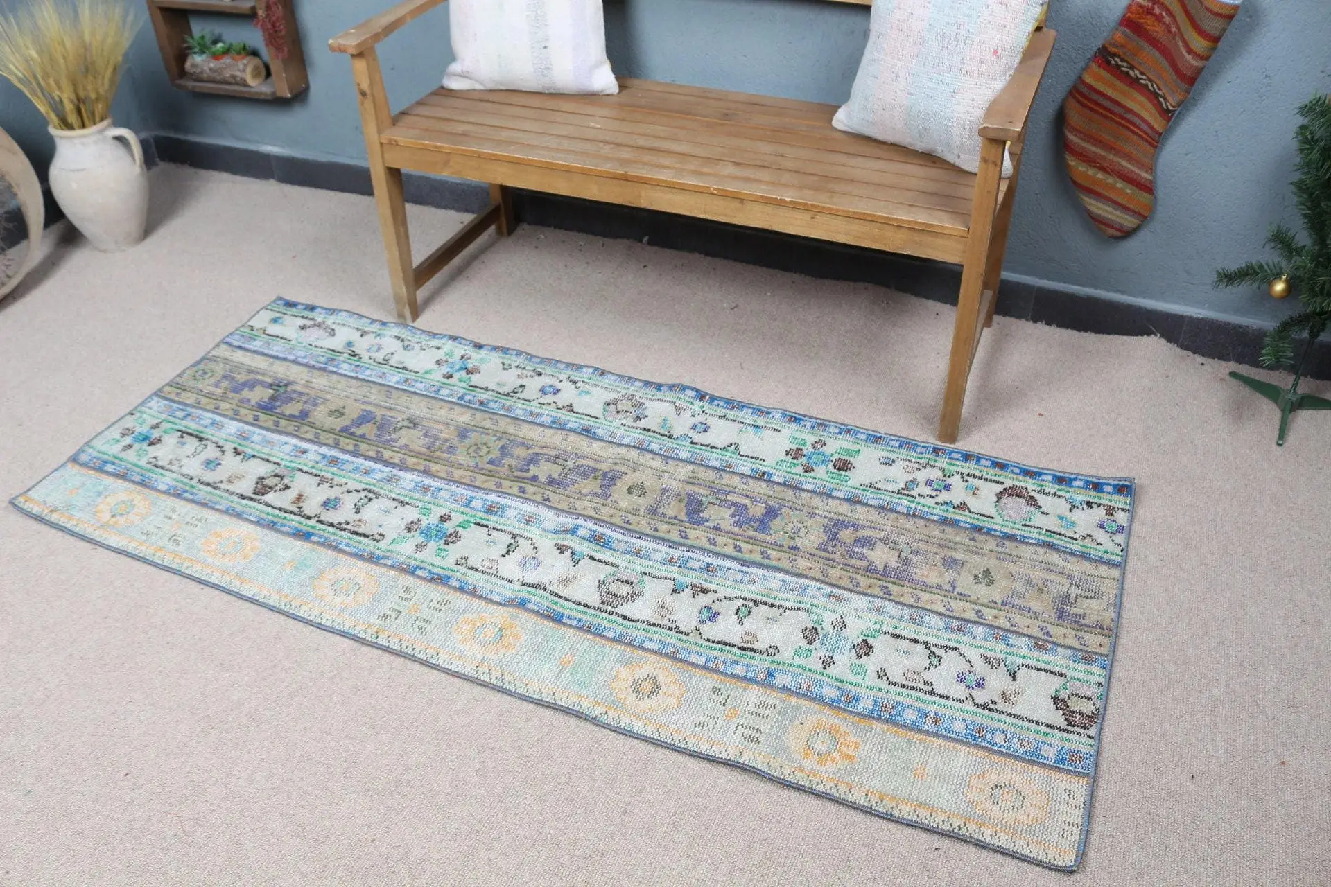 Türk Aksanlı Halı 2.7x6.2 ft, Mavi Bitkiler ve ağaçlar Vintage Yün Halı - 1