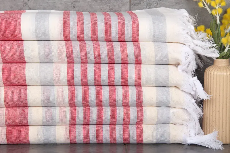 Custom Beach Towel Monogram Red-Gray Stripes Organic Cotton 40x67 Inches