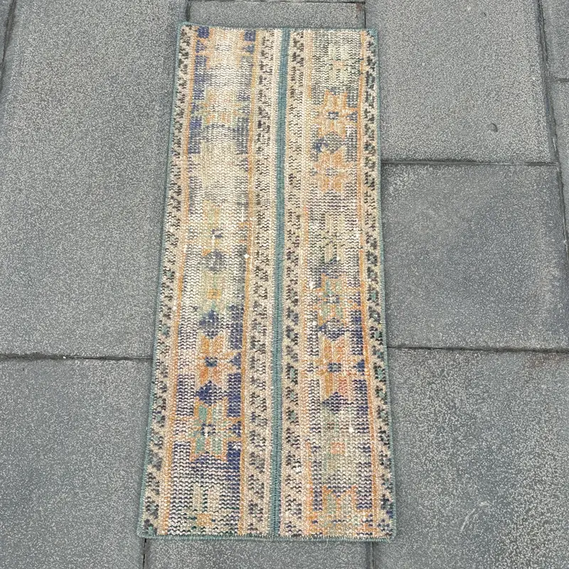 Turkish Small Rug, 1.1x2.7 ft Vintage Rug, Blue Oushak Wool Rug - 1