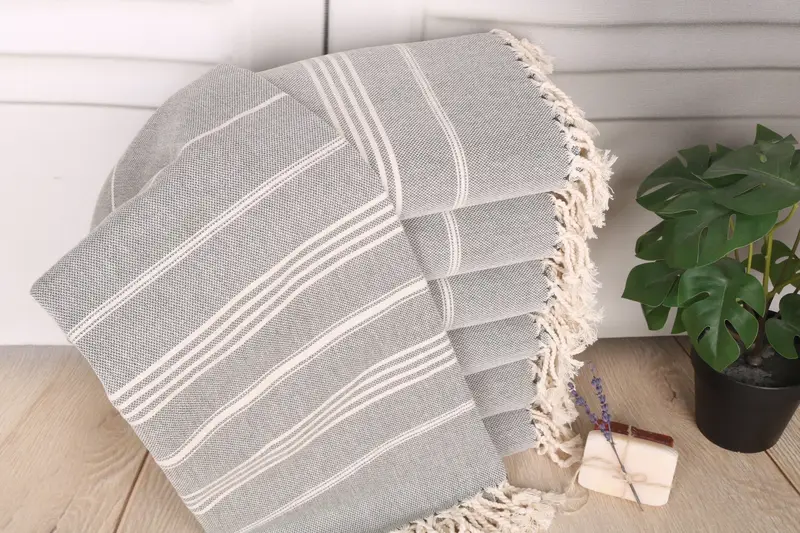 Dark Gray Cotton Towel Striped, Handmade Gift, Bath Towel, 40x67 Inches