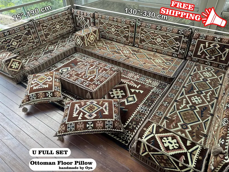 モジュール式オットマンソファセット、ベージュ&ブラウンのキリム風オットマン