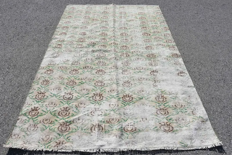 Oushak Rug, 5.2x8.1 ft Vintage Rug, Green Solid Rug Wool - 1
