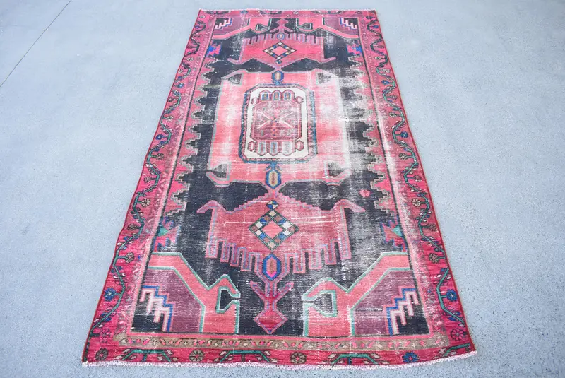 Vintage 3.4x6.8 ft Rug, Oushak Turkish Rug, Pink Abstract Rug Wool - 1
