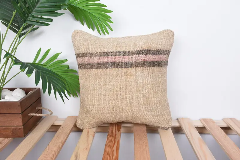Interior Designer Pillow, Handmade Kilim Cushion, Vintage Throw Pillow Case, Pillow Case, 14x14 Beige Pillow Cover, Turkish Kilim Pillow - 1