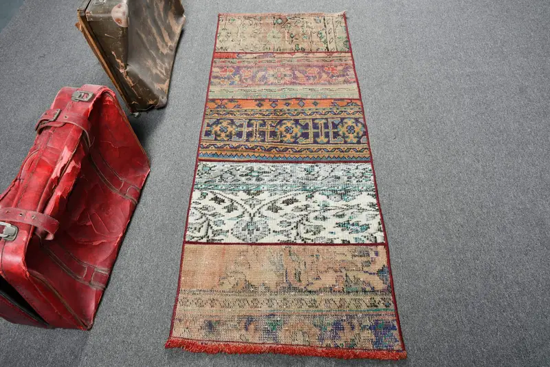 Vintage Runner Halı 2,2x5,5 ft, Mavi Kırmızı Puantiyeli Halı Yün - 1