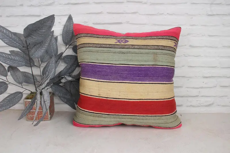 Kilim Cushion Sham, 20x20 Purple Cushion, Kilim Pillow, Cushion Case, Pillow for Sofa, Kilim Rug Cushion, Turkish Rugs Cushion Case - 1