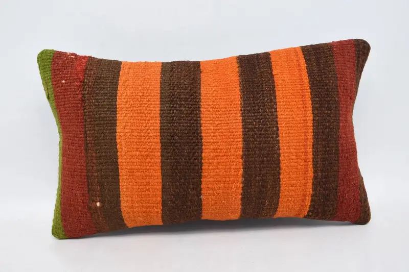 Striped Turkish Antique Pillow Case, Orange 12x20 inch Wool Pillow Cover - 1