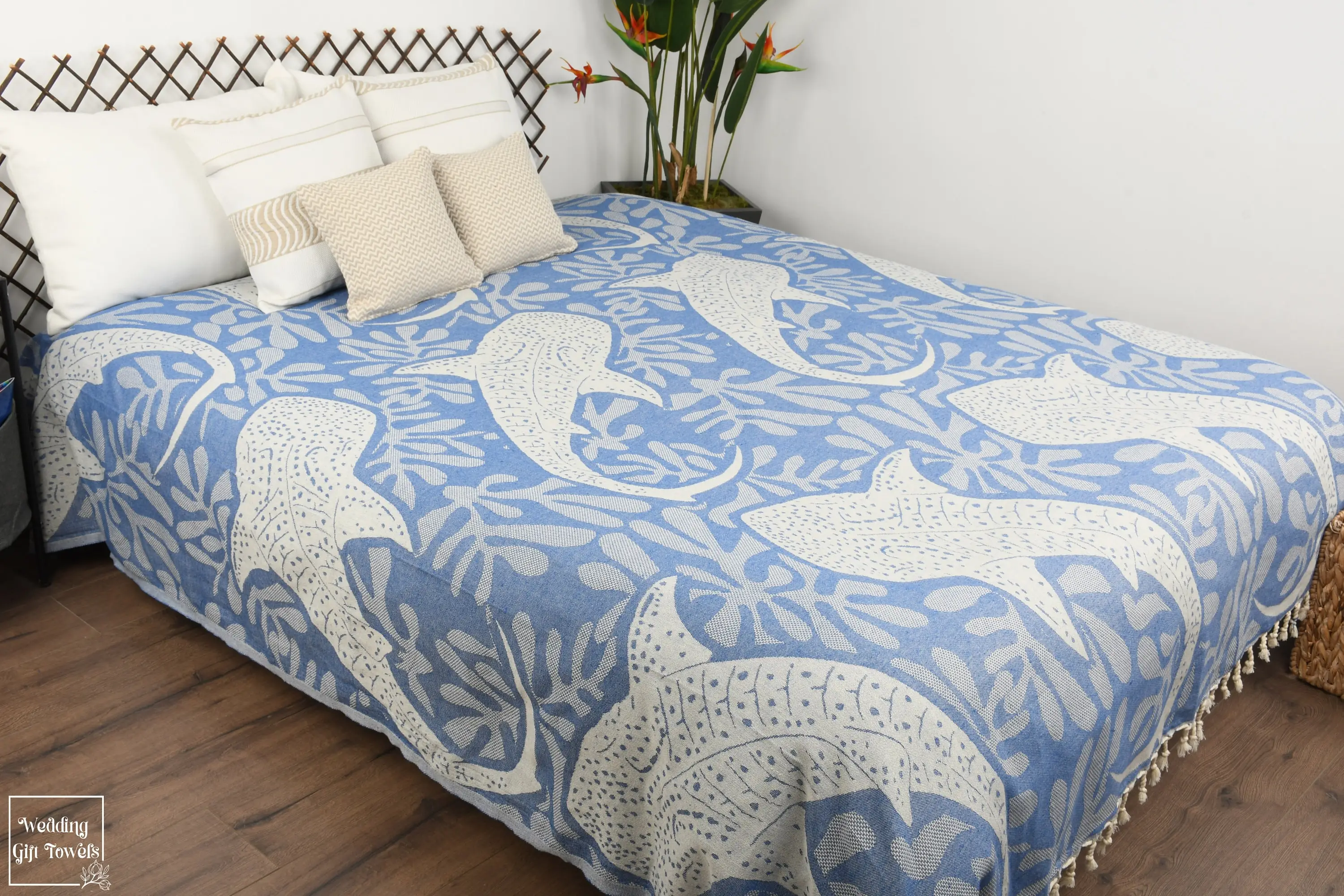 Woven Turkish Cotton Throw Blanket Whale Design, Twin, Beige, 99x91 Inches - 1