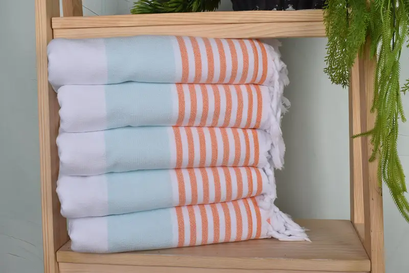 Beach Towel Turkish Bath Towel Mint-Orange Stripes Organic Cotton 36x67 Inches