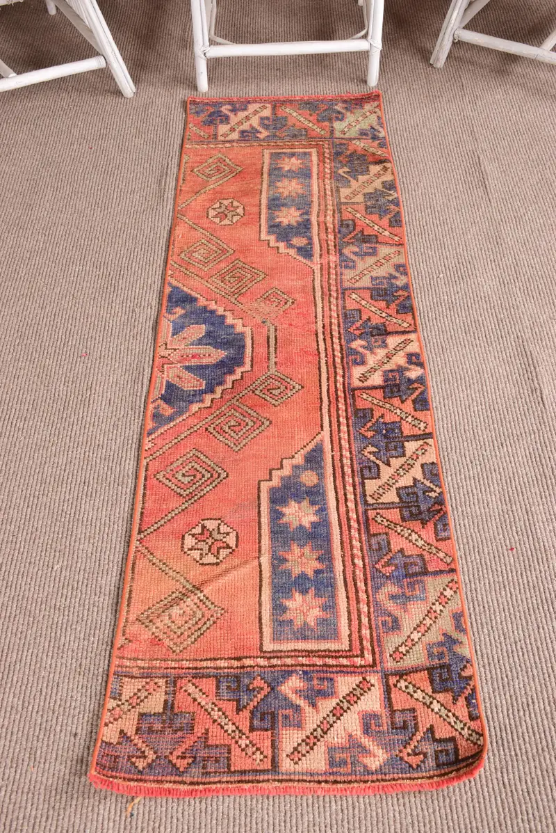 1.9x6 ft Runner Vintage Rug, Turkish Rug, Red Blue Camouflage Wool Rug - 1