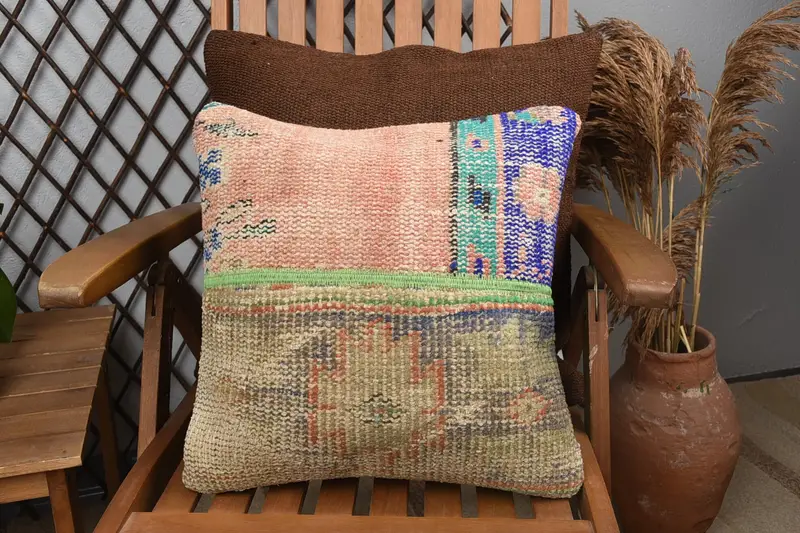 Boho Pillow Sham Cover, Neutral Cushion Case, Cushion, 16x16 Red Cushion, Meditation Pillow, Boho Pillow, Custom Pillow Case, Handmade Kilim Cushion - 3