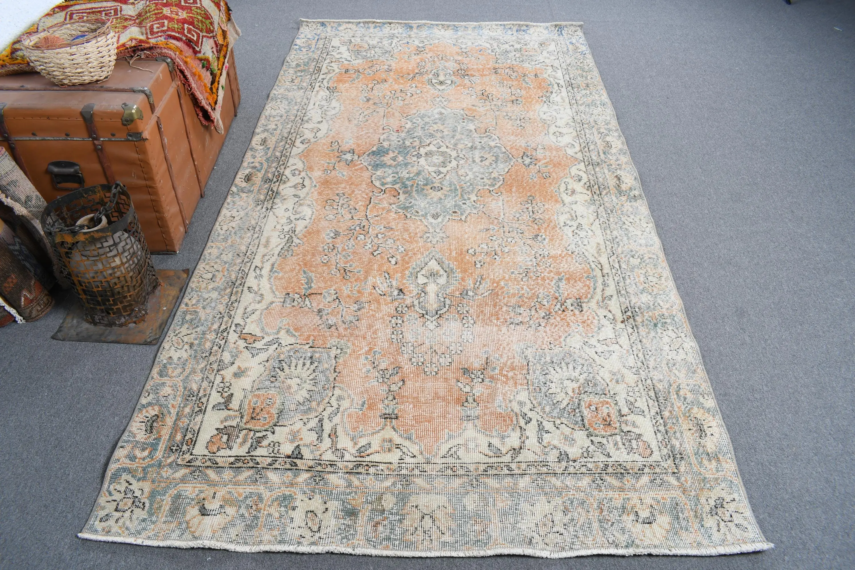 Vintage Büyük Halı 4.6x8.9 ft, Turuncu Katı Türk Yün Halısı - 1